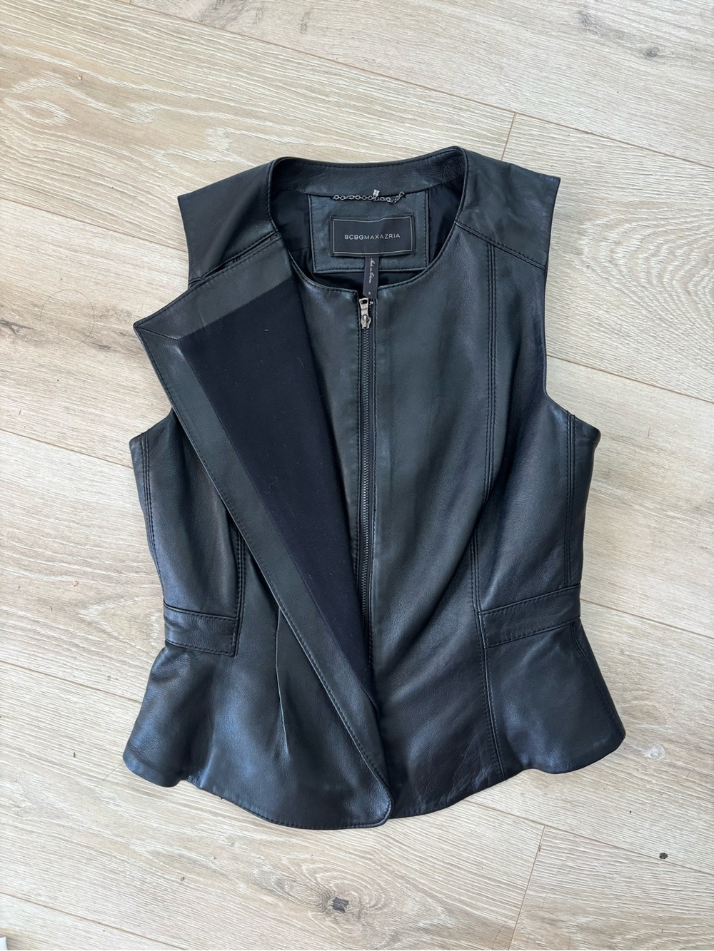 BCBGMAXAZRIA Black Genuine Leather 100% Leather Peplum Vest Too